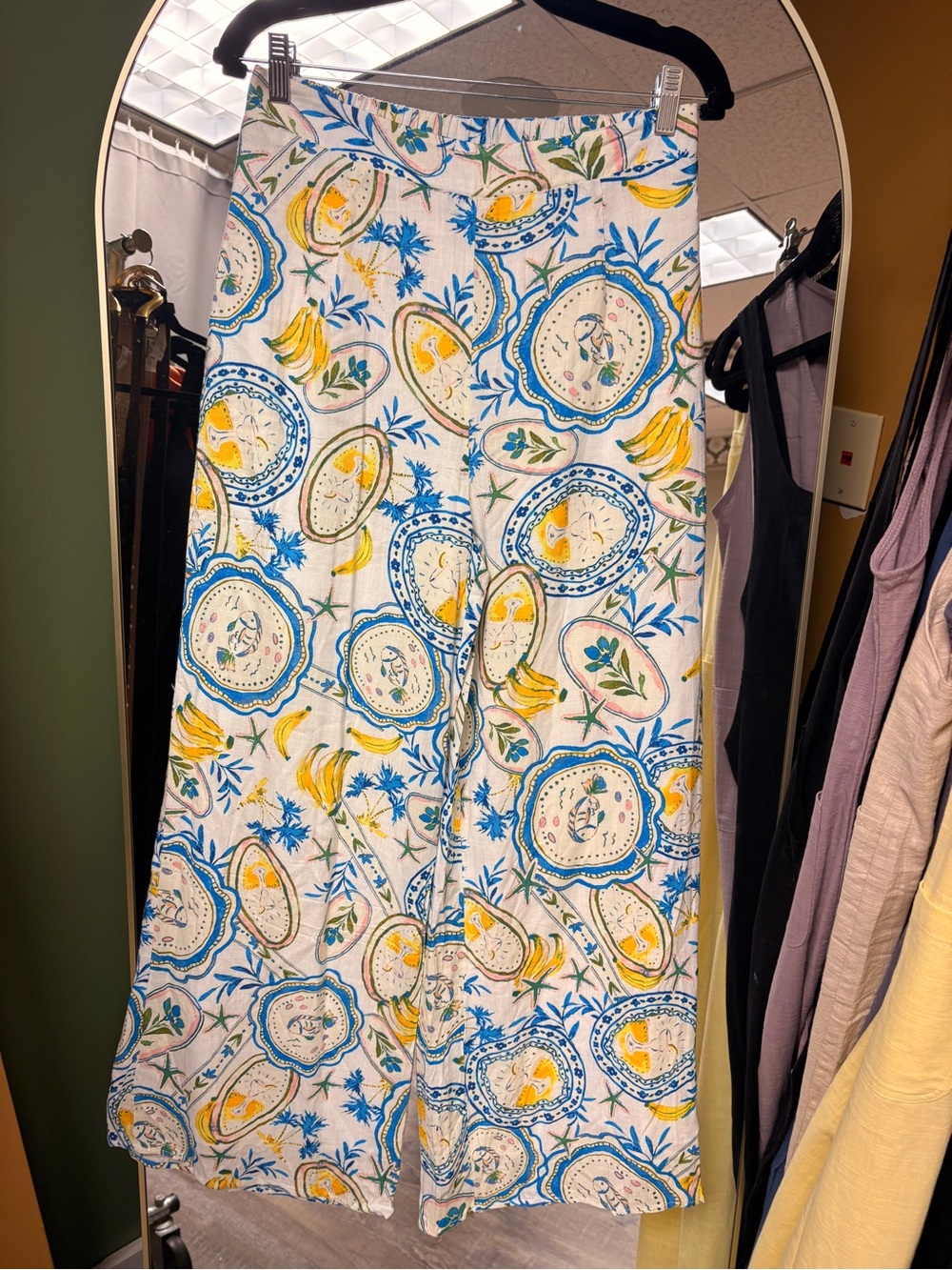 White Printed Cotton LinedWide Leg Pants Blue & Yellow Motif - Lined - two sizes